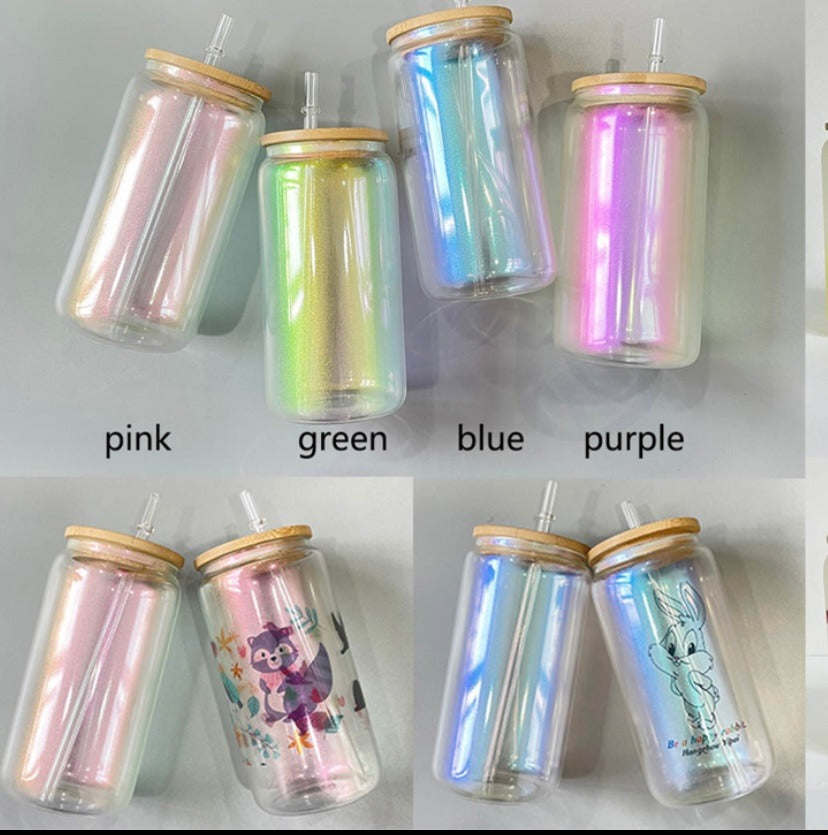 16oz color irridescent glass can tumblers with bamboo lids – RREM  Distributors