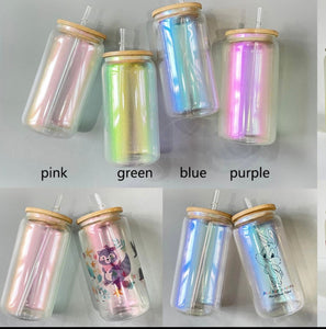 16oz color irridescent glass can tumblers with bamboo lids